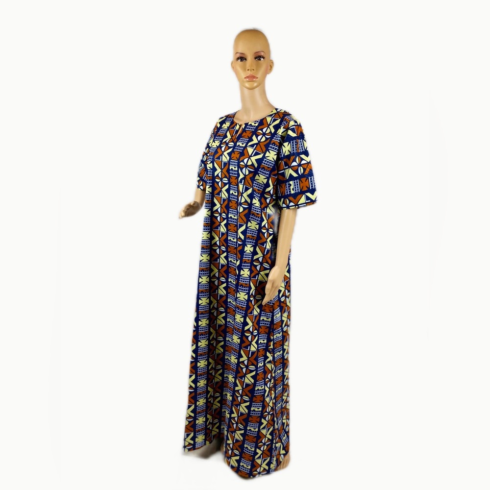 Brown Multicolor Handmade Cotton African Print Ankara Kaftan Maxi Dress